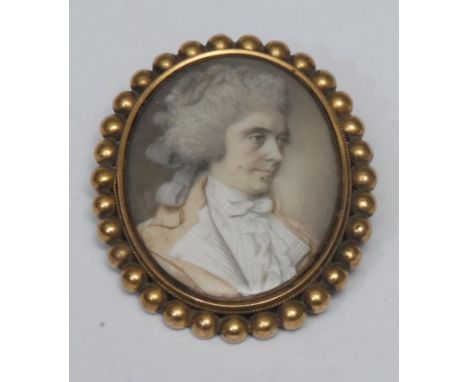 English School (18th century), a portrait miniature, of a gentleman, bust-length, watercolour on ivory, oval, 4cm x 3cm, gilt