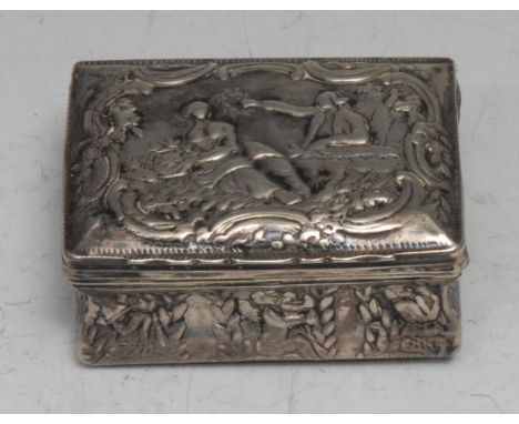 An 18th century Dutch Rococo silver waisted rectangular snuff box, hinged cover chased with a courting couple, within a borde