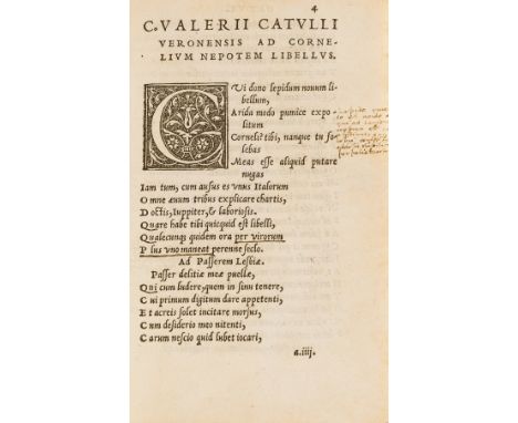 Catullus (Gaius Valerius) and others. Catullus. Tibullus. Propertius., italic type, title with woodcut printer's device, wood