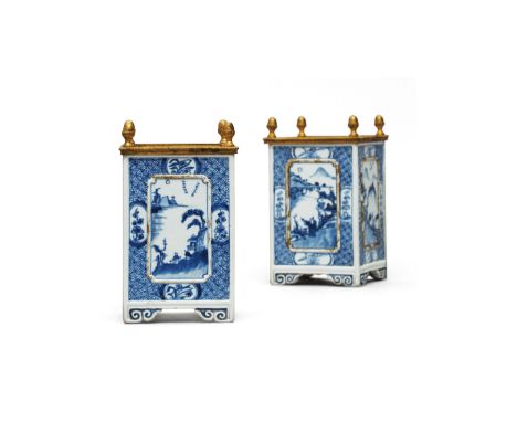 An attractive pair of Kangxi blue and white brushpots of square section, both mounted on the top rim in French ormolu, the re