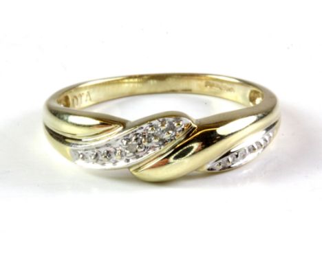 A 9ct yellow gold diamond set ring, (P).