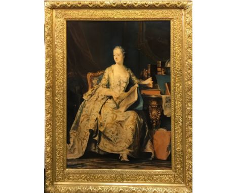An impressive large gilt framed reproduction oil painting after Maurice-Quentin de la Tour's "Portrait de la Marquise de Pomp