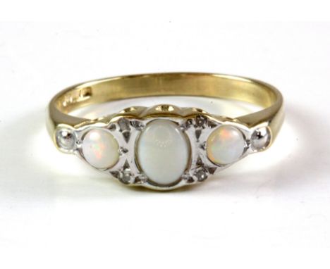 A 9ct yellow gold opal and diamond set ring, (N).