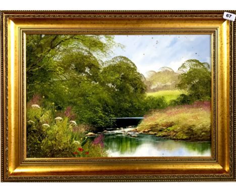 A gilt framed pallet knife oil on canvas by Terry Evans entitled River Axe Summertime, 56 x 76cm, (label verso reads 'one of 