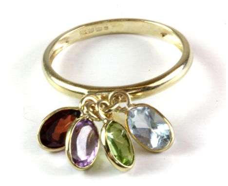 A 9ct gold ring set with peridot, citrine, garnet, amethyst and topaz, (K).