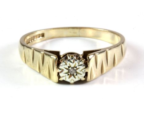 A 9ct yellow gold diamond set solitaire ring, (T).