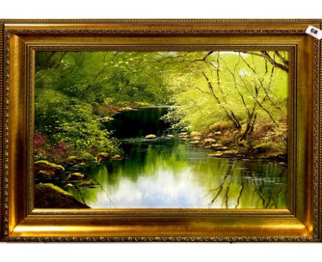 A gilt framed pallet knife oil on canvas by Terry Evans entitled A trout stream of the river Axe, 56 x 76cm, (label verso rea