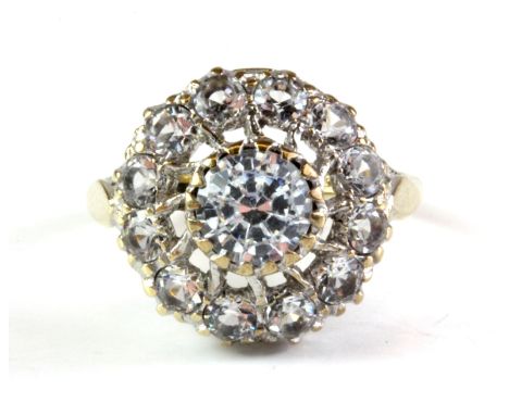 A 9ct yellow gold white spinel set large cluster ring, (N.5).