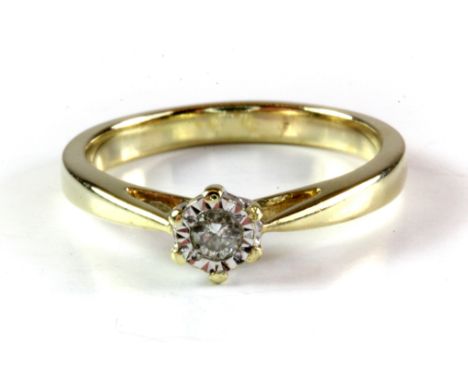 A 9ct yellow gold diamond set solitaire ring, (O).
