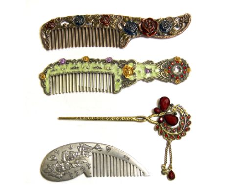 A Chinese white metal comb, two enamelled combs and a hair decoration.