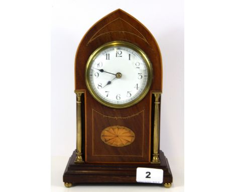 An Edwardian inlaid mahogany mantle clock, H. 25cm.