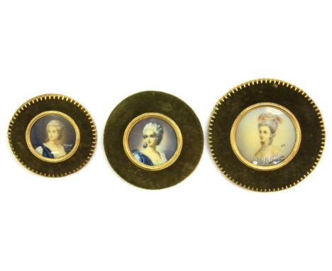 Three framed hand painted portrait miniatures of ladies, largest Dia. 11cm.