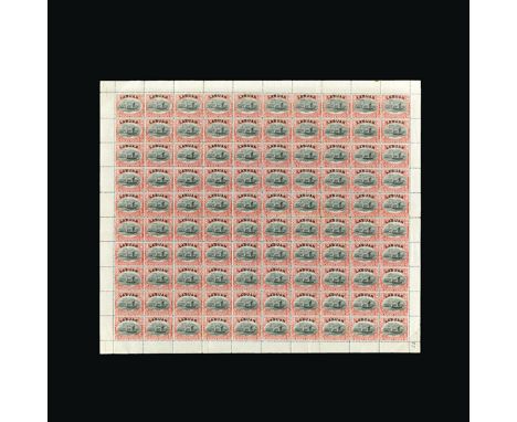 Labuan : (SG 68a) 1894-96 Canoe 8c rose red perf 13½-14 complete sheet of 100 fresh unmounted mint, light gum creasing affect