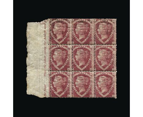 Great Britain - QV (line engraved) : (SG 52) 1870 1½d lake-red, plate 3, marginal block of 9 with extensive imprint, some lig