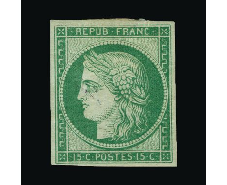 France : (SG 4) 1850 Ceres 15c green on bluish-green - good-looking example with even margins and much original gum - large t