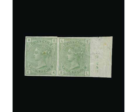 Great Britain - QV (surface printed) : (SG 153) 1873-80 4d sage-green, IMPERF IMPPRIMATUR HORIZONTAL PAIR, EK-EL, sheet margi