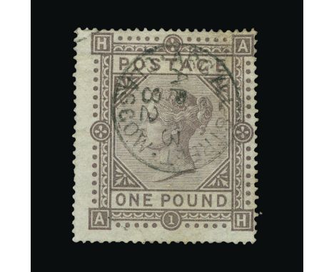 Great Britain - QV (surface printed) : (SG 136) 1867-83 wmk Anchor £1 brown-lilac, AH, off-centre to NE, light ARGYLL STREET/