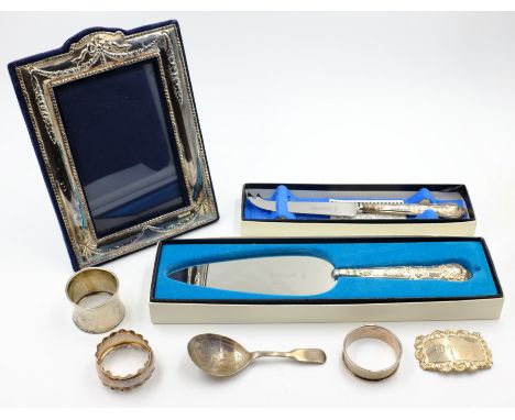 Georgian caddy spoon by James Henry Daniel London 1823, silver mounted free-standing photograph frame, cake and cheese knives