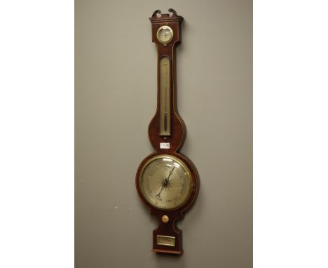 19th century inlaid mahogany wheel barometer with thermometer, hydrometer, & level, swan neck pediment, inscribed P Borini Bi