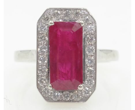 18ct white gold emerald cut natural ruby and brilliant cut diamond cluster ring ruby approx 2.6 carat diamond approx 0.4 cara