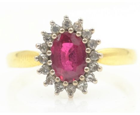 Ruby and diamond cluster 18ct yellow gold ring Birmingham 1969   Condition Report  4.4GMSIZE Q Click here for further images,