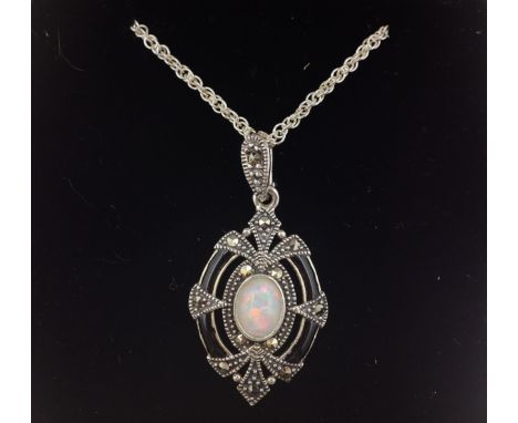 Opal, black onyx and marcasite silver pendant necklace stamped 925   Condition Report   Click here for further images, condit