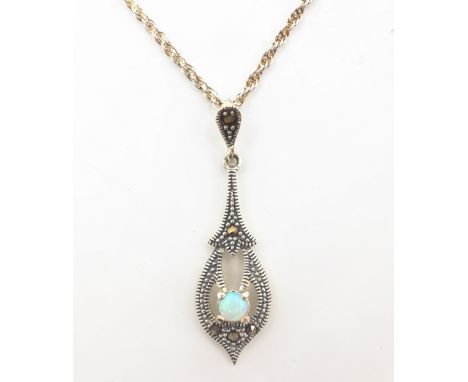 Opal and marcasite silver pendant necklace stamped 925   Condition Report   Click here for further images, condition, auction