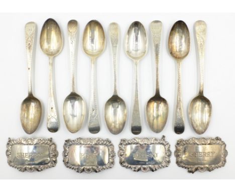 Nine Georgian silver tea spoons and four silver decanter labels approx 5.2oz   Condition Report   Click here for further imag