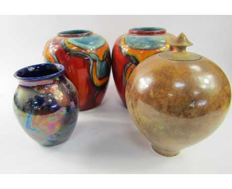 Three Poole ovoid vases, 21cm high, 17cm high, and a modern ovoid Studio Pottery vase with cover, 23.5cm high,  (4)