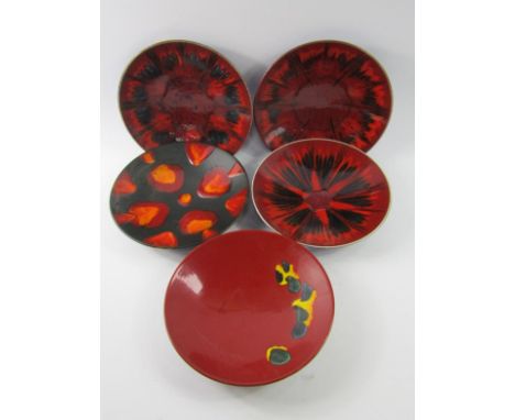 A Poole Delphis pottery bowl, Exodus dish, Living Glaze dish and three further dishes, (5).
