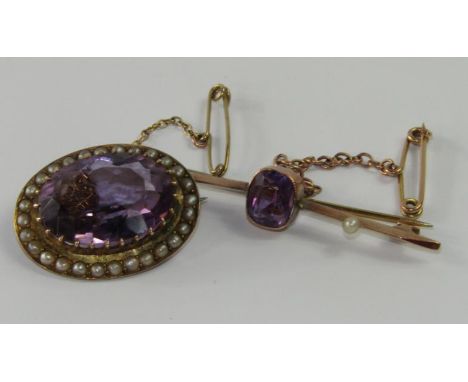 A yellow metal oval brooch, set with a large facet cut synthetic amethyst within a border of seed pearls, marked 9ct, and wit
