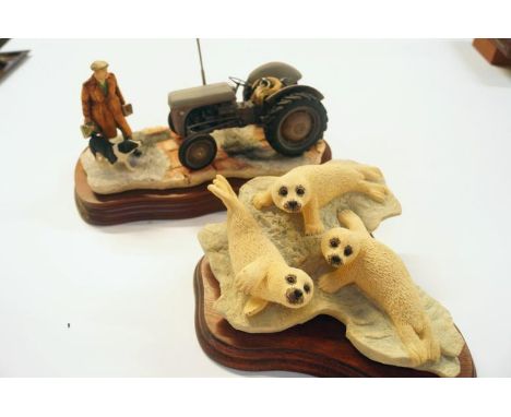 Various Border Fine Arts figure groups, etc., to include farmer and sheep dog aside grey cat, by Ayres dated 1993, on wooden 