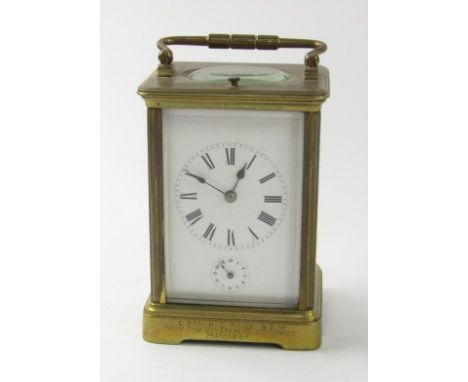 A French brass cased repeater carriage clock, R & Co, white enamel dial bearing Roman numerals, secondary alarm dial, 9.5cm x