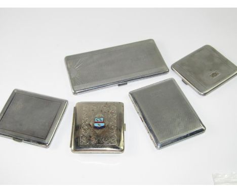 Five chrome or plated pocket cigarette cases, with engraved foliate or engine turned decoration.