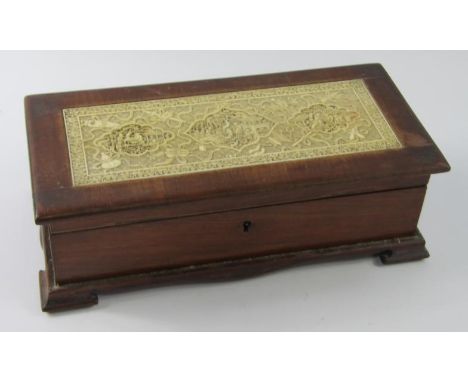 A mid 19thC ivory and hardwood jewellery casket, rectangular central ivory section, possibly Tokyo School, hinging to reveal 