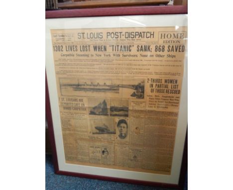 A St Louis Post Dispatch for April 16 1912, reporting the loss of the Titanic, 1302 Lives Lost when 'Titanic' sank, 868 Saved