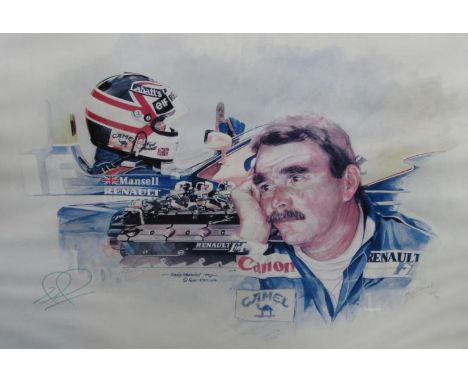 Craig Warwick. Man and Machine, limited edition print 810/950, signed by the artist and Nigel Mansell, published by Peter Rat