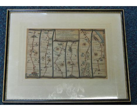 Thomas Gardener. Horatio Townshend map plan The Road from Kings Lynn to Norwich, in colours, glazed and framed, 19cm x 27cm.