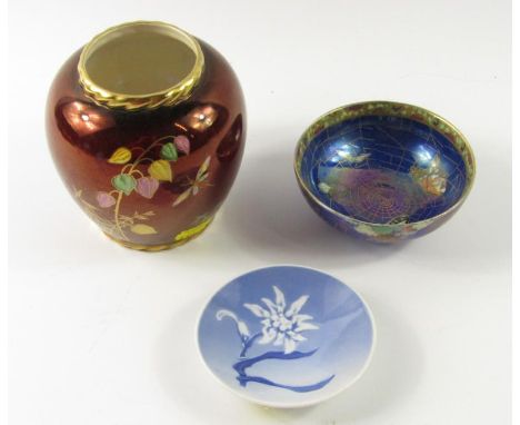 A Carltonware rouge royal vase, decorated with plants and a dragonfly, butterfly lustre bowl and a Royal Copenhagen porcelain