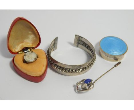 Silver, etc, including enamel pill box, 4cm diameter, bangle, Art Nouveau stick pin, etc, (qty).