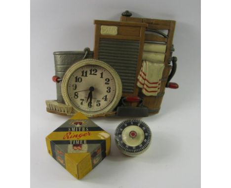 A Burwood Products Quartz wall clock, with a plastic kitchenalia style casing, circa 1986, 26cm high, and a Smiths Ringer Tim