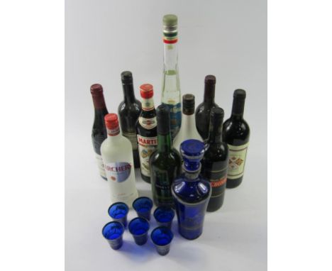 Alcohol, to include a bottle of Bomber 2002 Crinena, Malibu, and Bristol Blue style drinks set comprising decanter, 29cm high
