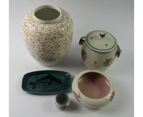 A Poole Pottery biscuit barrel, traditionally painted with flowers, further bowl, egg cup, dolphin dish and spotted vase, (5)
