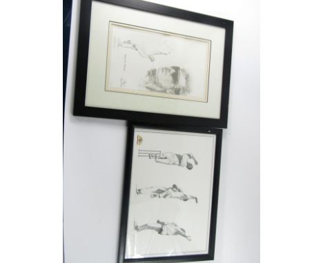 Shane Warne, signed monochrome print and a Dennis Lillee signed monochrome print, after David Byrne.