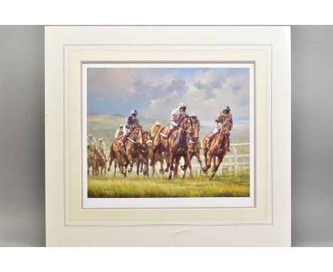 GRAHAM ISOM (BRITISH 1945), 'Turning for Home', a Limited Edition Horse Racing print, 82/500, signed to lower margin, mounted