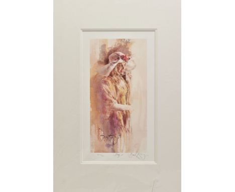 GORDON KING (BRITISH 1939), 'Joy', an Artist proof print of a female figure wearing a hat, 14/39, signed to lower margin, wit