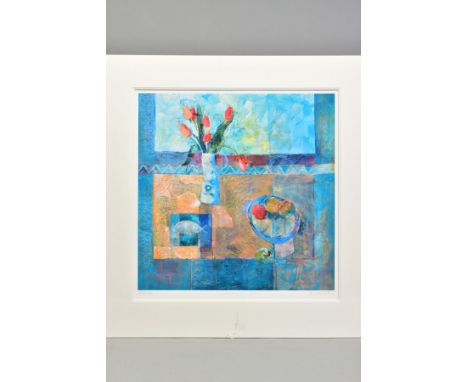 BARBARA STEWART (BRITISH 1929), 'Harmony in Blue', a Limited Edition print of flowers and fruit, 44/195, signed to lower marg