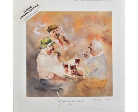 DES BROPHY (BRITISH CONTEMPORARY), 'Time Gentleman Please', a Limited Edition print of men in a pub, 86/295, signed bottom ri