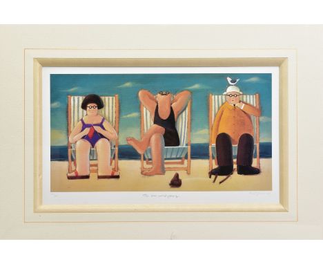 PAUL GREENWOOD (BRITISH 1969), 'The Sun Worshippers', a Limited Edition print of people sunbathing, 275/495, signed to lower 