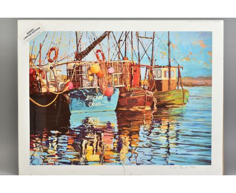 MARTIN DECENT (BRITISH CONTEMPORARY), 'Calm Waters', a Limited Edition print of fishing boats, 195/195, signed to lower margi